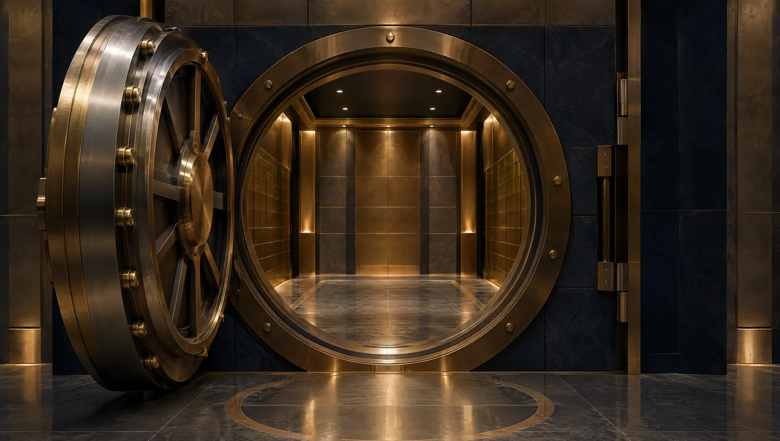 A circular bronze and steel vault door standing open onto a quiet geometric chamber